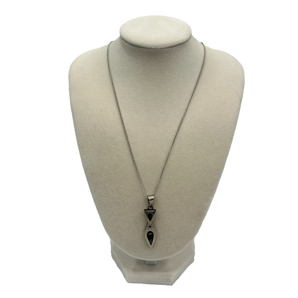VTG‎ Hecho en Mexico Silver Inlay Pendant Necklace 16" Modernist Taxco Style